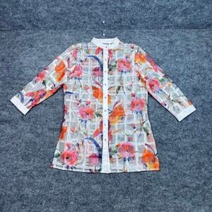 Mishca Women Floral Mesh Grid Button Up Tunic Top Mandarin Collar White Small